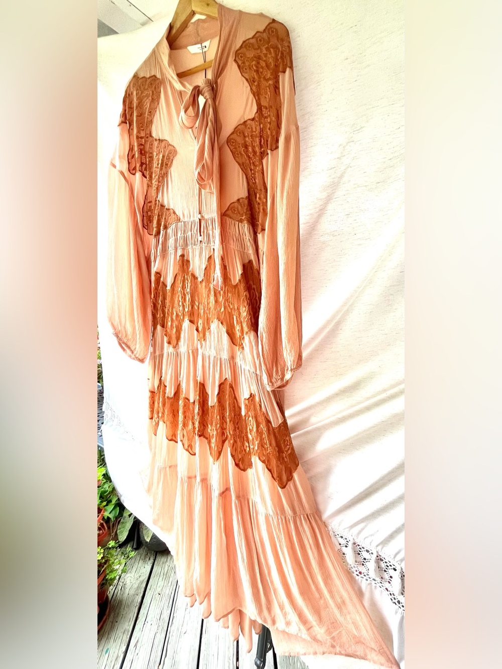 Zara Maxi Lace Dress Crinkle Long Rouched Sleeves High Tie Bow Collar V-Neck Med - Picture 12 of 16